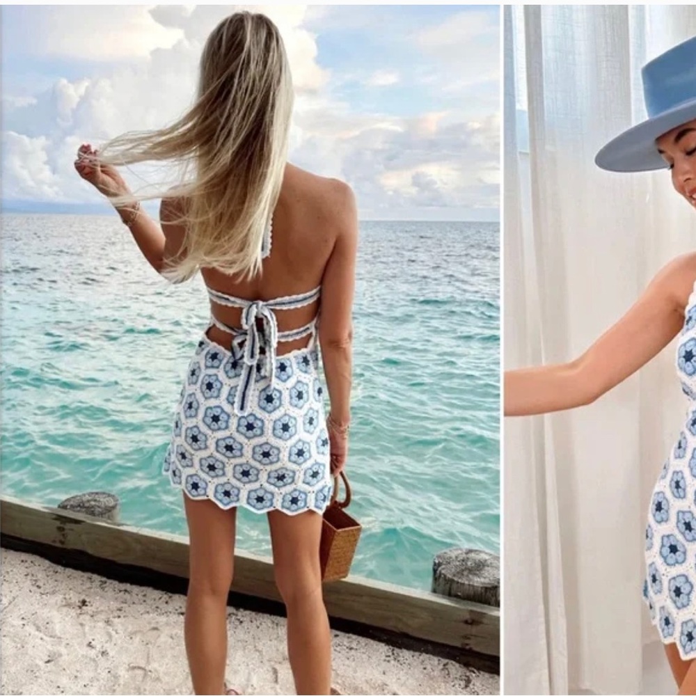Show me your mumu NWT crochet mini dress blue and white floral XXL